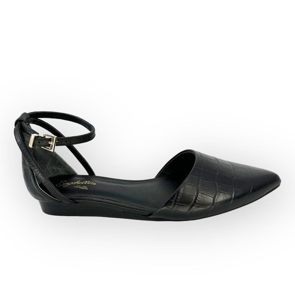 Plateau Black Crocodile Leather Ankle Strap Flats - size 6.5